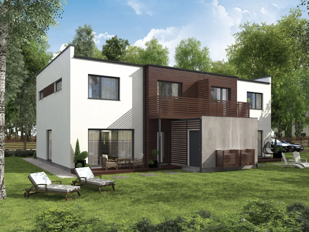 Modernse kahekorruselise paariselamu projekti Tallinnas 3D visualiseering hoovist