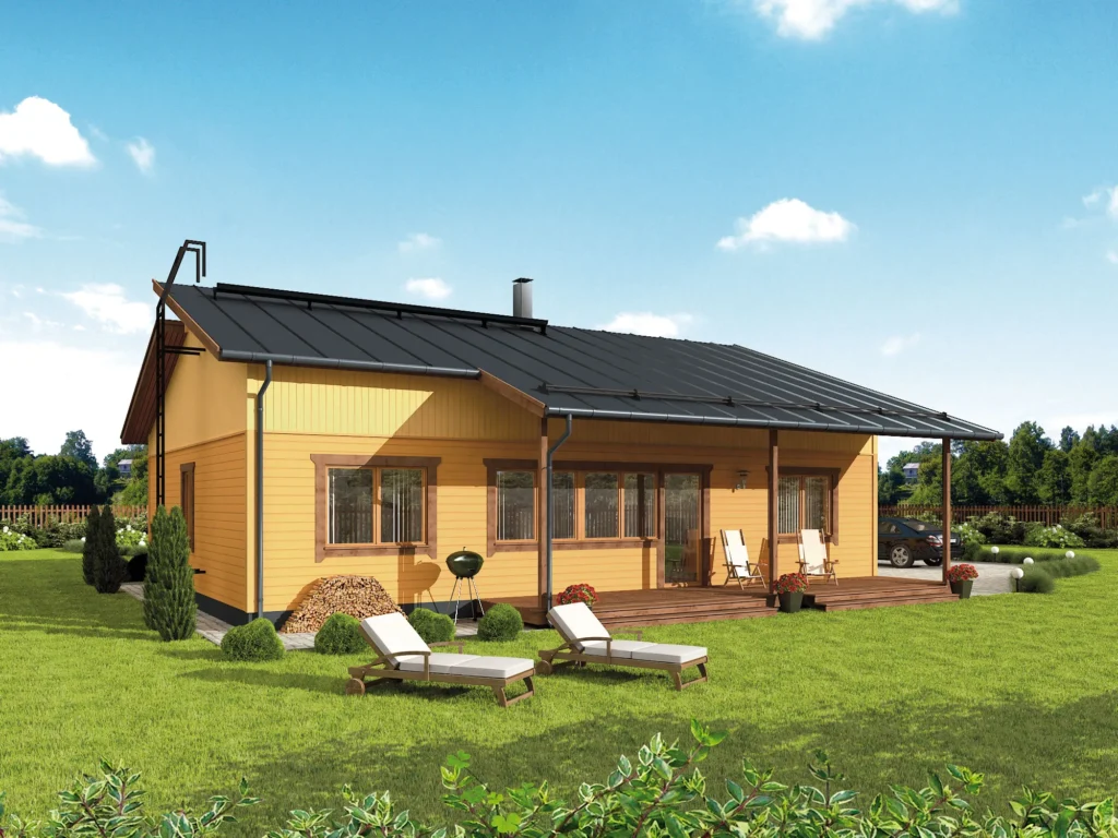 Kompaktse ühekorruselise eramaja projekti Harjumaal 3D visualiseering hoovist